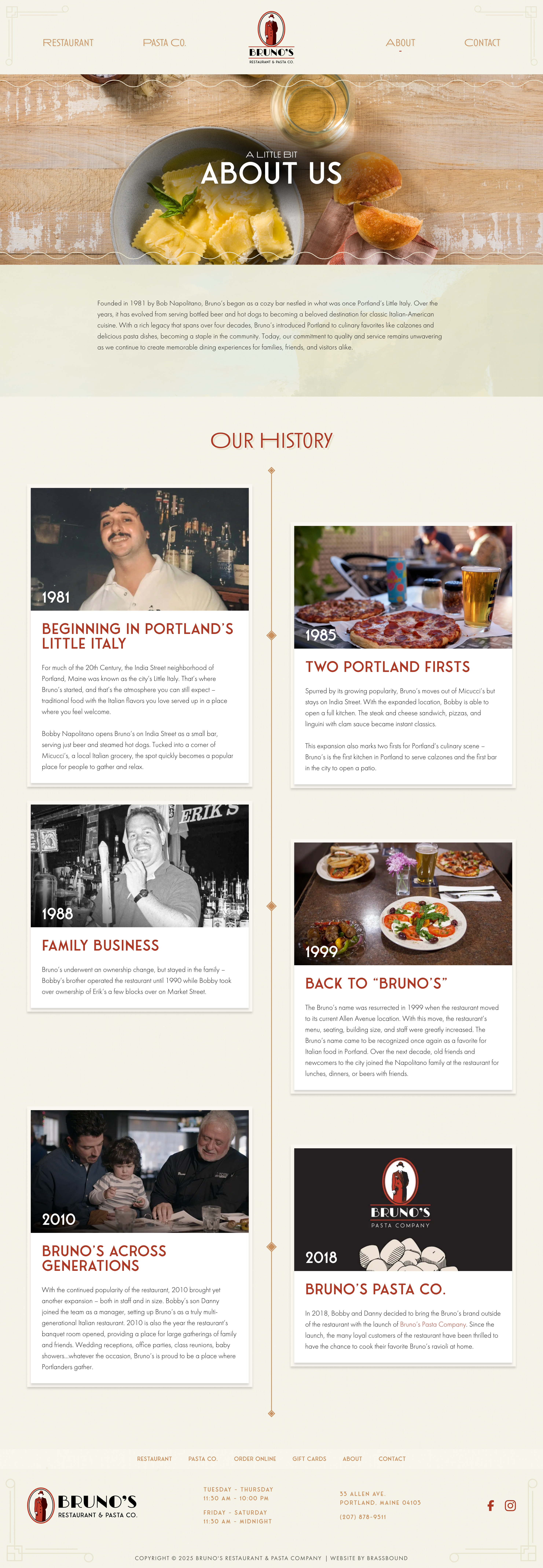 The Bruno's about page showing a timeline